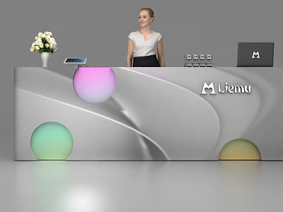 Modern Liemu Reception Desk With Colorful Spheres Vase Tablet Laptop and Female Receptionist 3d model