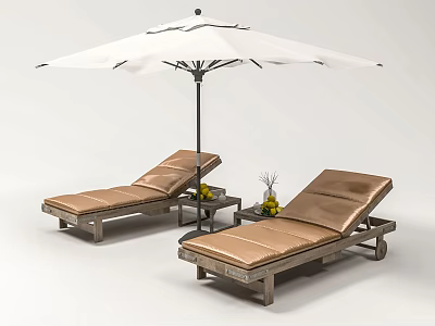 Outdoor Wooden Frame Lounge Chairs With Brown Cushions Side Table Vase And White Umbrella 3d model