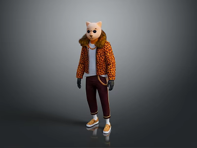 Cat Face Character Wearing Leopard Print Jacket White T-shirt And Dark Pants 3d model