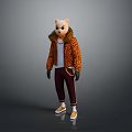Cat Face Character Wearing Leopard Print Jacket White T-shirt And Dark Pants