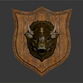 Decorative Metal Bull Head Sculpture On Wooden Shield Shaped Background With Relief Design