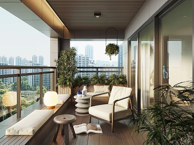 Cozy Home Balcony With Armchair Small Table Potted Plants Wooden Floor And City View 3d model