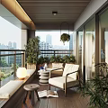 Cozy Home Balcony With Armchair Small Table Potted Plants Wooden Floor And City View