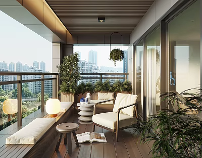 Cozy Home Balcony With Armchair Small Table Potted Plants Wooden Floor And City View 3d model