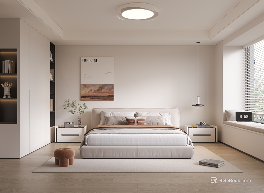 Modern Bedroom Interior Design With Wooden Floor Ceiling Light Nightstands And Wall Art 3d model 