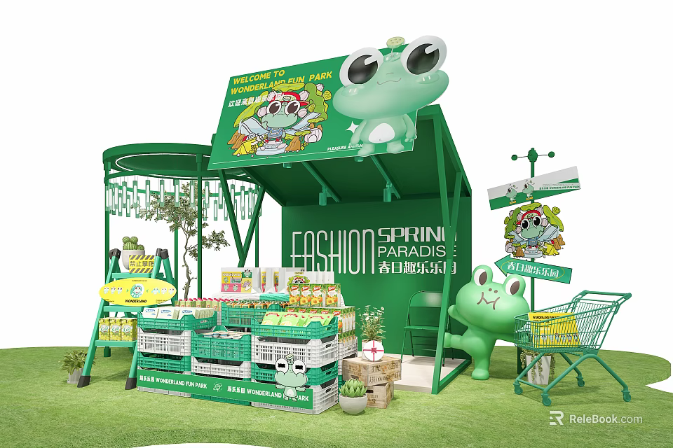 Fashion Spring Markets With Green Kiosk Frog Dolls Shopping Cart Product Shelves And Green Plants 3d model 