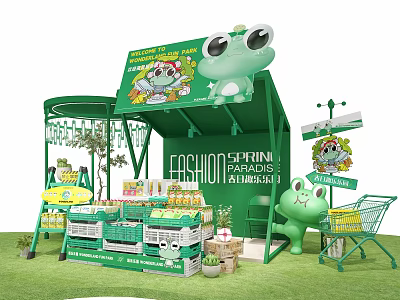 Fashion Spring Markets With Green Kiosk Frog Dolls Shopping Cart Product Shelves And Green Plants 3d model