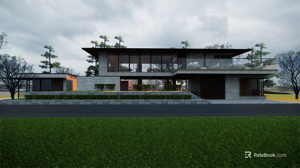 Modern Homestay Building With Large Glass Windows Flat Roof And Green Lawn 3d model 