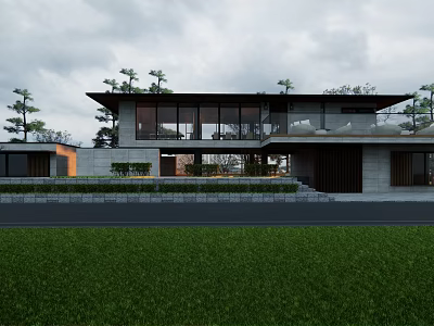 Modern Homestay Building With Large Glass Windows Flat Roof And Green Lawn 3d model