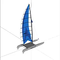 Helicat Sailboat With Blue And White Sail Featuring SEA Lettering On Water Surface
