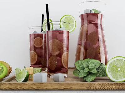 Refreshing Red Beverage with Ice Cubes Lemon Kiwi Slices in Glasses Pitcher Lime Mint Leaves 3d model