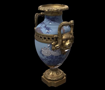 Blue and White Ceramic Vase with Golden Decorative Handles and Sturdy Base Design 3d model