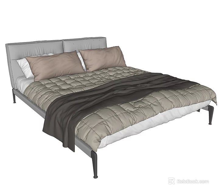 Double Bed with Gray Headboard Brown Pillows Gray Brown Quilt and Metal Frame 3d model 