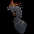 Mythical Serpent Creature With Skeleton Head Flaming Red Crest Brown Scaly Body Dark Background