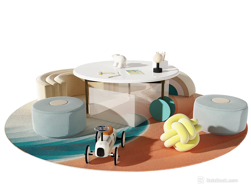 Kids Table with Round Gray Stools Toy Car and Yellow Knitted Toy on Colorful Rug 3d model 