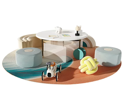 Kids Table with Round Gray Stools Toy Car and Yellow Knitted Toy on Colorful Rug 3d model