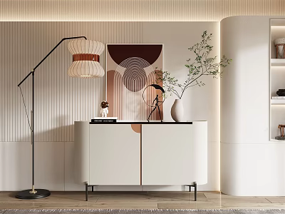 Modern White Entryway Console Table Interior With Vase Plant Decor And Floor Lamp 3d model