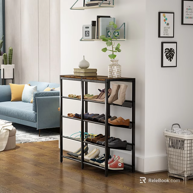 Multi Tier Shoe Rack in Living Room Entryway With Shoes Potted Plant And Decorative Art 3d model 