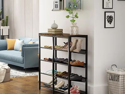 Multi Tier Shoe Rack in Living Room Entryway With Shoes Potted Plant And Decorative Art 3d model