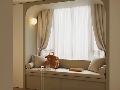 Cozy Bay Window Design With Cushioned Seat Curtains Wall Lamp And Decor Items 3d model