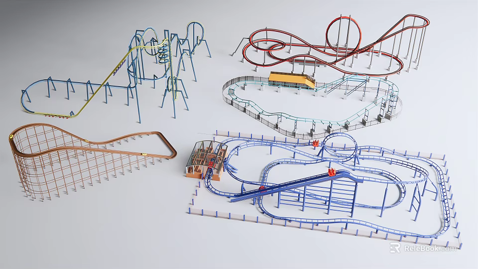 Colorful Amusement Playground Rides With Various Roller Coaster Tracks And Structures 3d model 