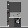 Gray Bathroom Cabinet Rack With Washing Machine Marble Countertop Faucet And Green Plant