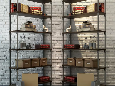 Industrial Metal Decorative Shelves with Books Boxes and Decorative Items Against White Brick Wall 3d model