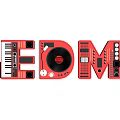 EDM Themed Visual Art With Red Letters Piano Keyboard Vinyl Record And Sound Equipment