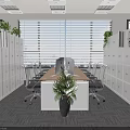 Public Office Space With Large Windows Blinds Lockers Long Table Computers Chairs And Plants 3d model
