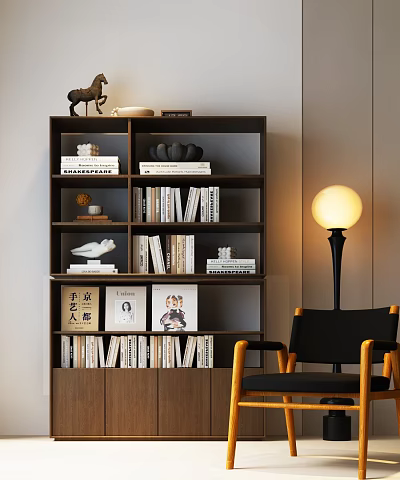 Dark Wood Tiered Bookcase With Books Decorative Items Photo Frames Near Chair And Floor Lamp 3d model