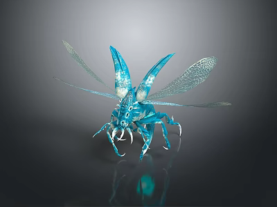 Blue Insect Sculpture With Transparent Wings And Detailed Carving Shiny Texture Design 3d model