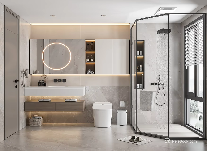 Modern Bathroom Interior Design With Round Mirror Glass Shower Vanity And Recessed Shelves 3d model 