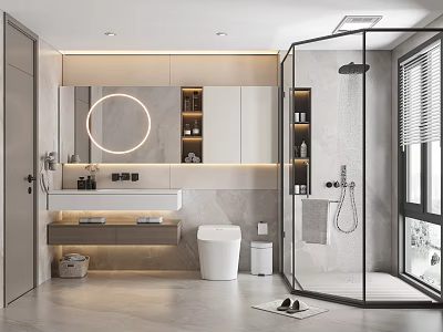 Modern Bathroom Interior Design With Round Mirror Glass Shower Vanity And Recessed Shelves 3d model