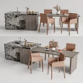 Modern Dining Table Set With Beige Chairs Marble Countertop And Decorative Items