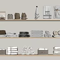 Neat Bathroom Accessories Shelf Display With Towels Storage Boxes And Folded Linens