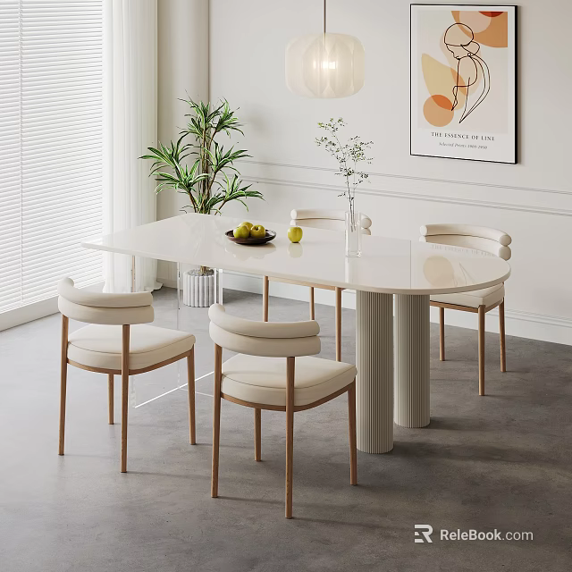 Modern Dining Table Set with White Tabletop Beige Chairs Potted Plant and Wall Art 3d model 
