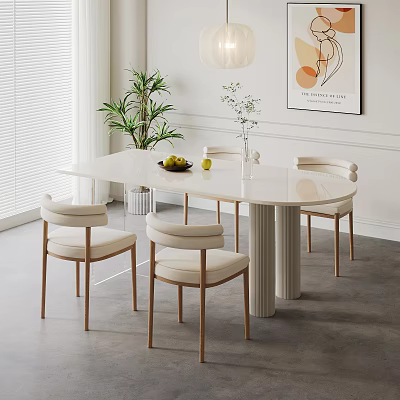 Modern Dining Table Set with White Tabletop Beige Chairs Potted Plant and Wall Art 3d model