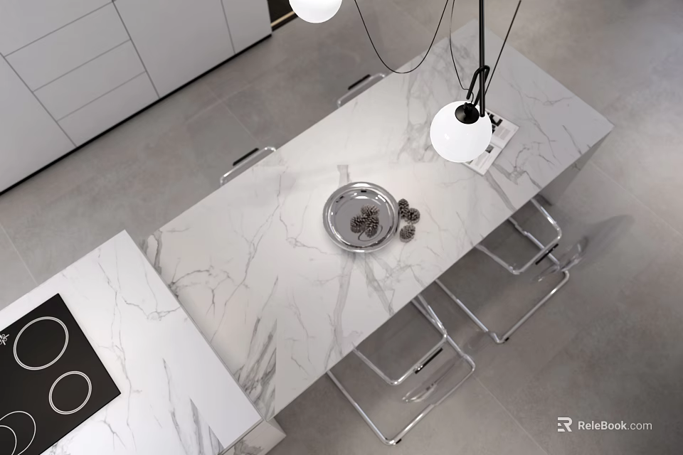 Modern Restaurant Interior With White Cabinets Marble Countertops Dining Table Metal Chairs And Pendant Lights 3d model 