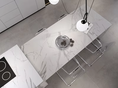 Modern Restaurant Interior With White Cabinets Marble Countertops Dining Table Metal Chairs And Pendant Lights 3d model