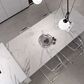Modern Restaurant Interior With White Cabinets Marble Countertops Dining Table Metal Chairs And Pendant Lights
