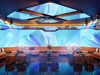 Modern KTV Interior Design With Blue Wall Decor Comfortable Sofa Seating And Ceiling Lighting 3d model