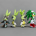 Four Green Haired Action Figures With Various Outfits Armor Details And Red Shoes