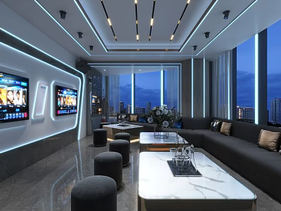 Modern KTV Interior Design Features Large Windows City Night View TV Screens And Comfortable Sofa 3d model