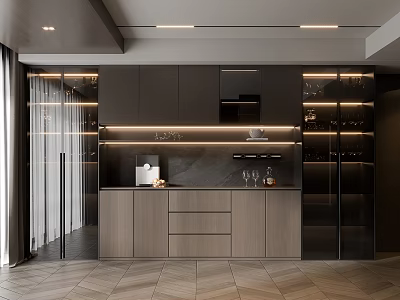 Modern Wine Cabinet Featuring Black Wooden Finish Glass Doors Wine Racks And LED Lighting Countertop 3d model