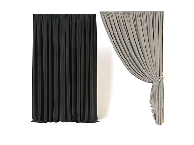 Black and Gray Elegant Curtains with Pleated Design and Tied Detail Hanging 3d model