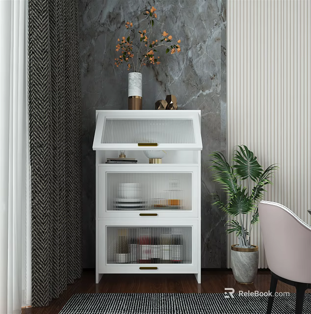 White Multi Tiered Entryway Side Cabinet With Mesh Doors Decorative Items And Potted Plant 3d model 