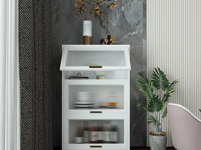 White Multi Tiered Entryway Side Cabinet With Mesh Doors Decorative Items And Potted Plant 3d model