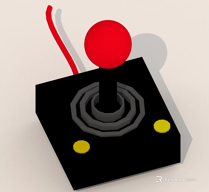 Classic Game Joystick With Black Base Red Ball Top Yellow Buttons And Red White Wires 3d model 