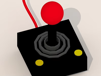 Classic Game Joystick With Black Base Red Ball Top Yellow Buttons And Red White Wires 3d model
