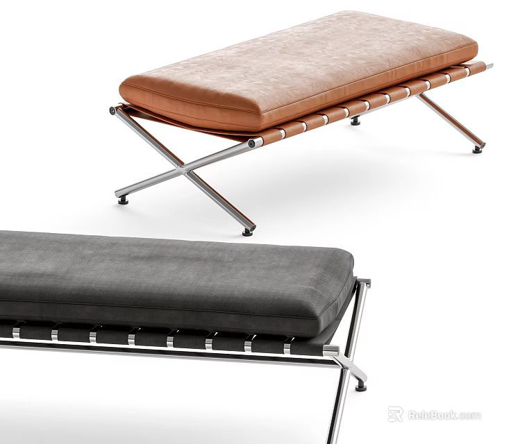 Modern Style Sofa Bench With Metal Frame And Brown Gray Cushions 3d model